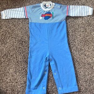 Vintage 90s Blue Striped Airplane Kids One Piece